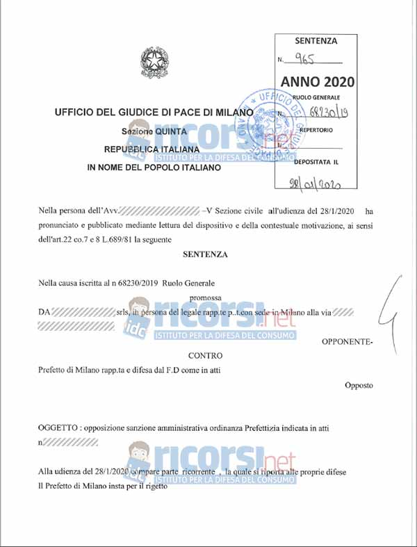 Ricorsi al Giudice di Pace di Milano: occhio alla delega del Comune 1 sent. gdp milano 1