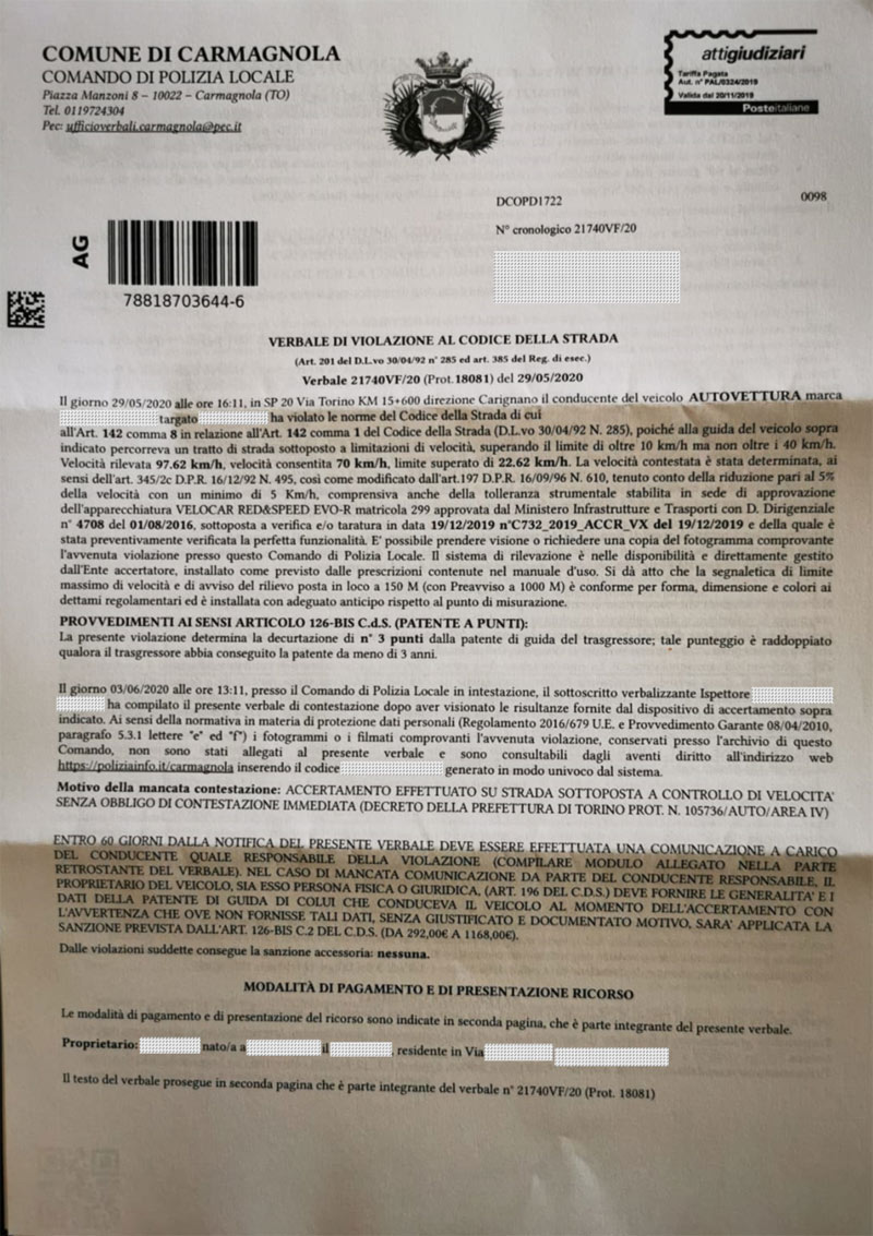 Autovelox di Carmagnola 1 verbale carmagnola
