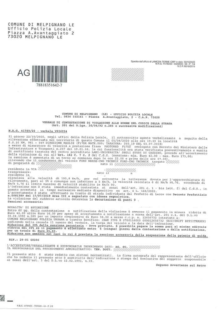 Autovelox di Melpignano 1 multa melpignano