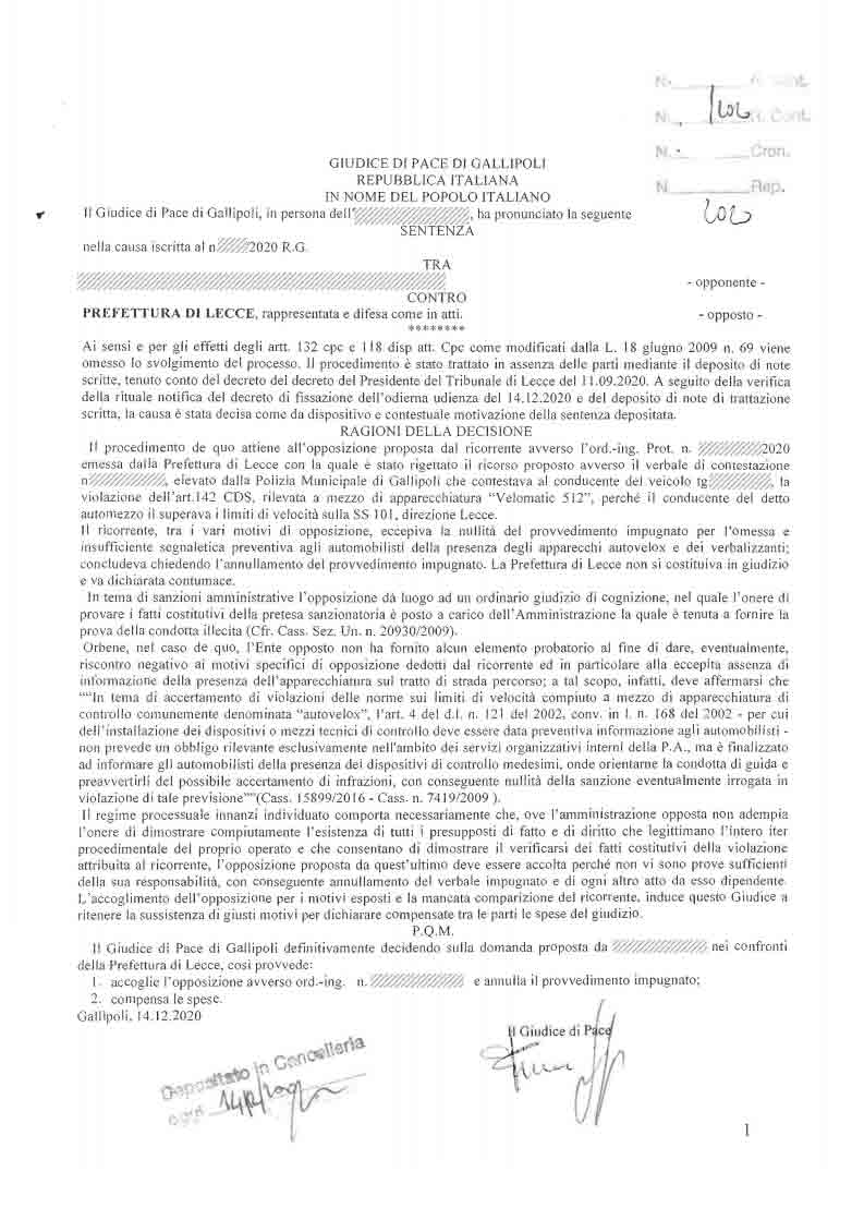 Autovelox Gallipoli SS 101: multa nulla 1 sentenza gallipoli