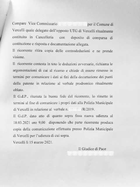 Art. 126bis: multa annullata, vale la buona fede 2 gdp vercelli 2