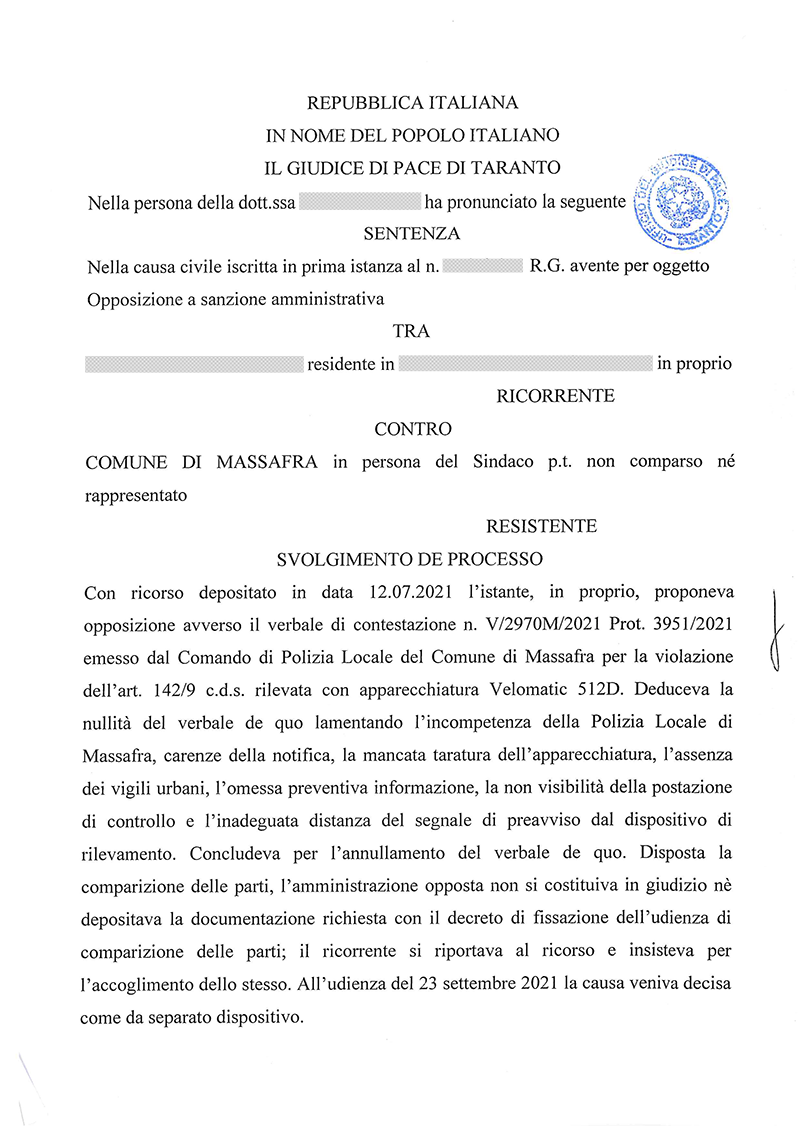 Autovelox Massafra: multa annullata 1 sentenza gdp taranto autovelox massafra 1