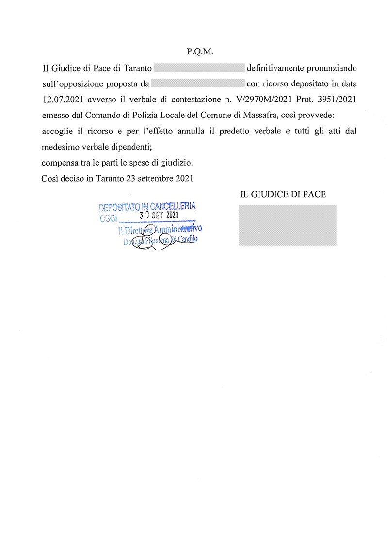Autovelox Massafra: multa annullata 3 sentenza gdp taranto autovelox massafra 3