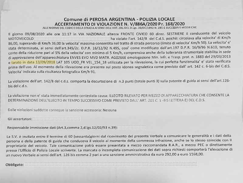 Se il certificato di taratura è scaduto la multa è nulla (verbale per eccesso di velocità di Perosa Argentina) 1 verbale perosa argentina