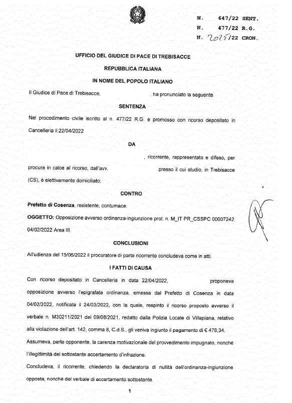 L'ordinanza ingiunzione non motivata è annullabile 1 gdp trebisacce 01
