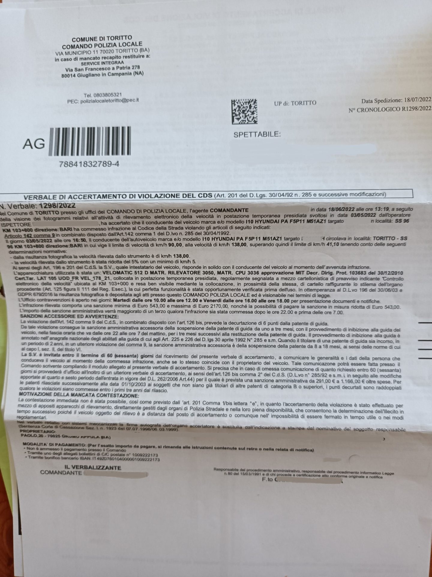 Toritto: autovelox sulla SS96 multa annullata 1 multa toritto