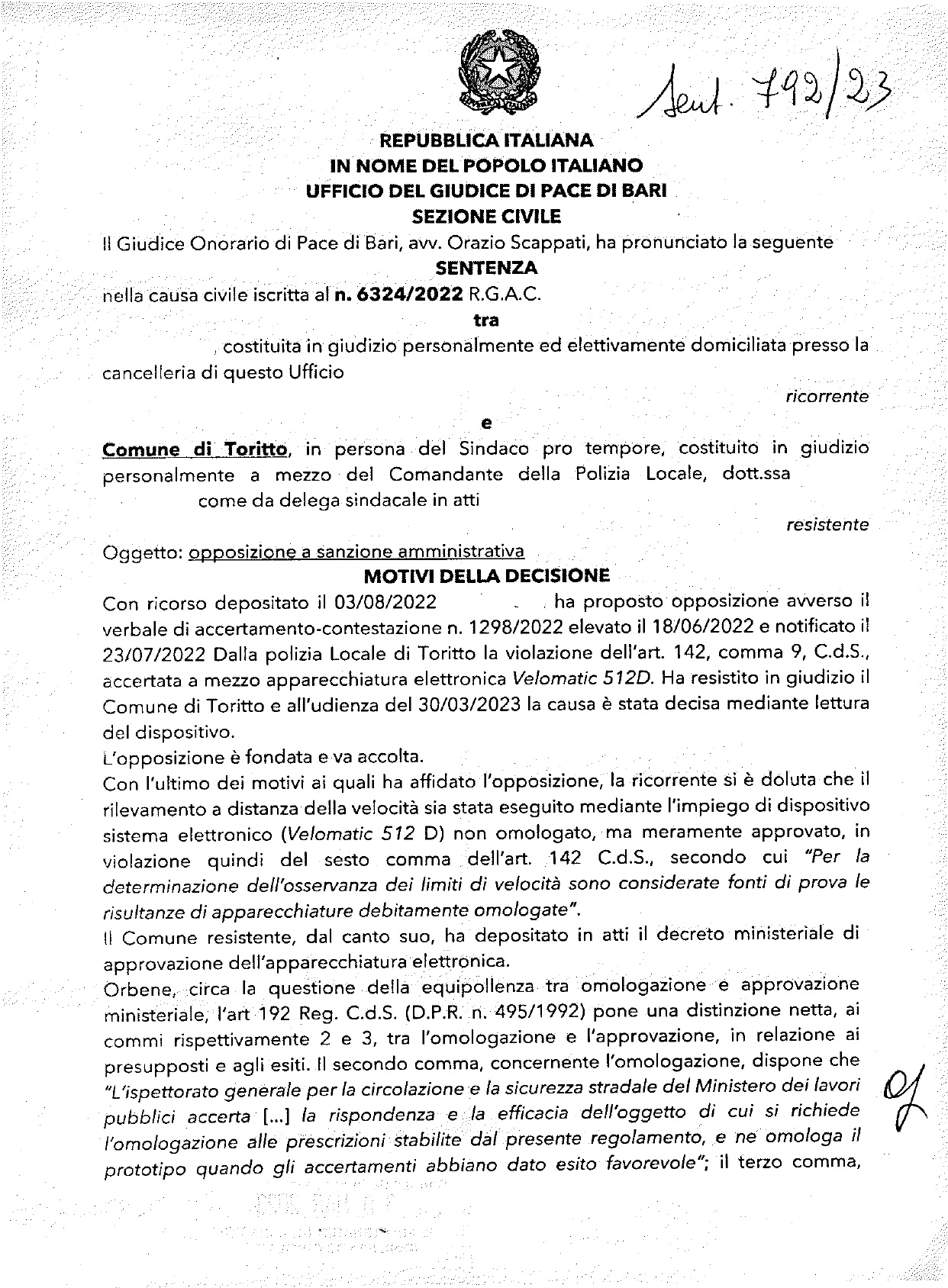 Toritto: autovelox sulla SS96 multa annullata 3 sentenza toritto 1