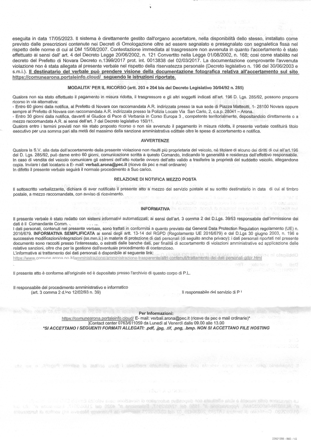 Autovelox Arona (Strada del Sempione): è illegittimo? 2 MULTA COMUNE ARONA 11 06 2023 3 page 0002